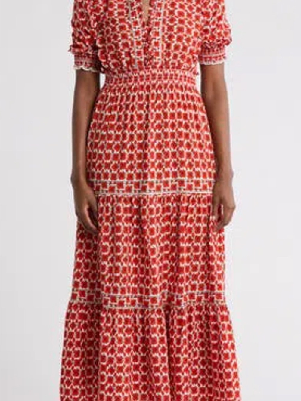 Max Studio Red Printed Tiered Midi Skirt with Cream Accents - Picture 3 of 9